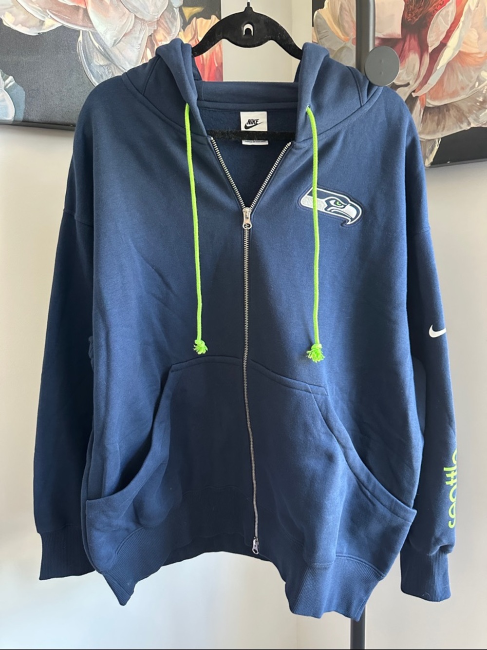 Seattle Seahawks Nike Zip Hoodie with Neon Green Drawstrings - Picture 1 of 6